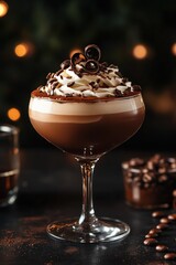 decadent mocha mousse cocktail in a stylish coupe glass, beautifully decorated with a thick layer of whipped cocoa cream on top