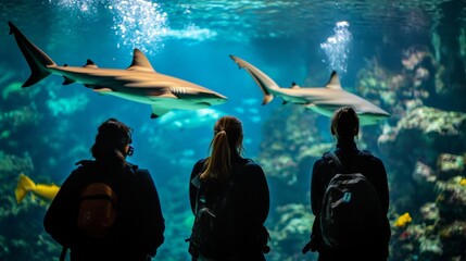 Fototapeta premium Explore the beauty of the ocean with sharks swimming gracefully. Experience the awe of underwater life. Witness the wonders of marine ecology. Generative AI