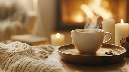 Fototapeta premium Cozy Atmosphere with Tea and Fireplace in Rustic Setting