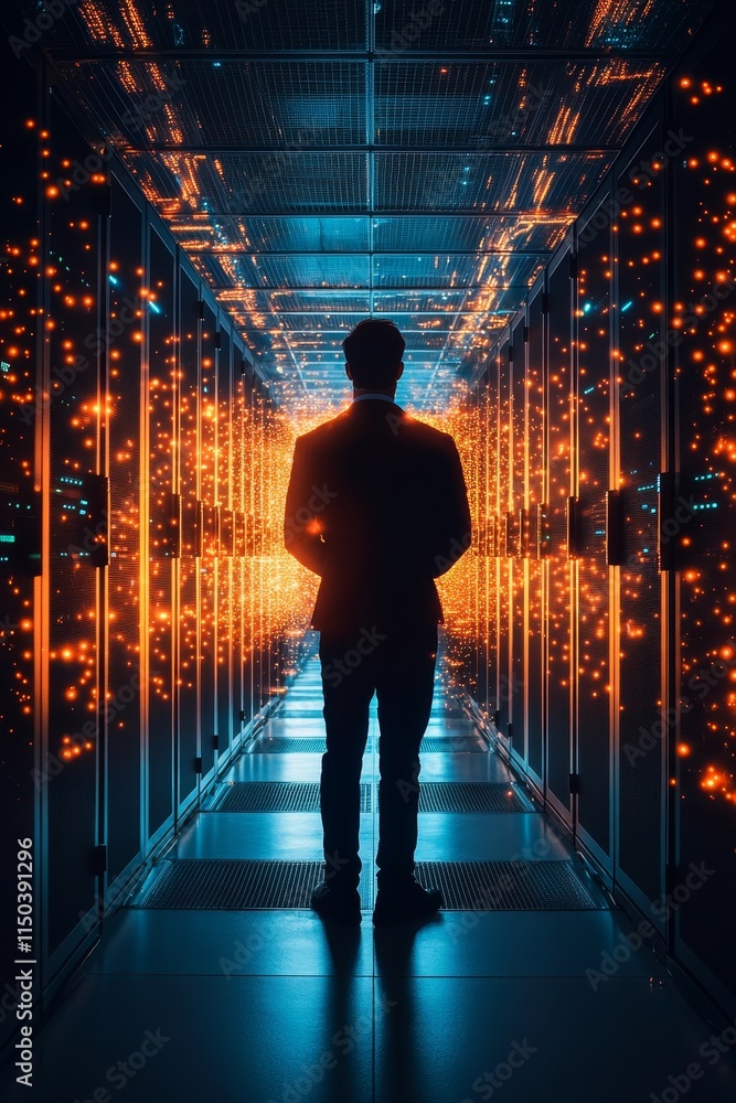Poster person standing in a data center surrounded by glowing particles and illuminated server racks during