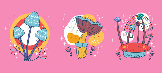Boho magic forest esoteric mystical mushroom isolated set. Vector flat graphic design illustration