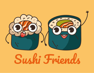 Sushi roll characters with soy sauce isolated set. Vector flat cartoon design element illustration