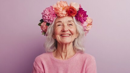 Fototapeta premium A joyful elderly woman smiles brightly while adorned with a vibrant flower crown. The soft lavender background enhances her cheerful demeanor, capturing a moment of happiness.