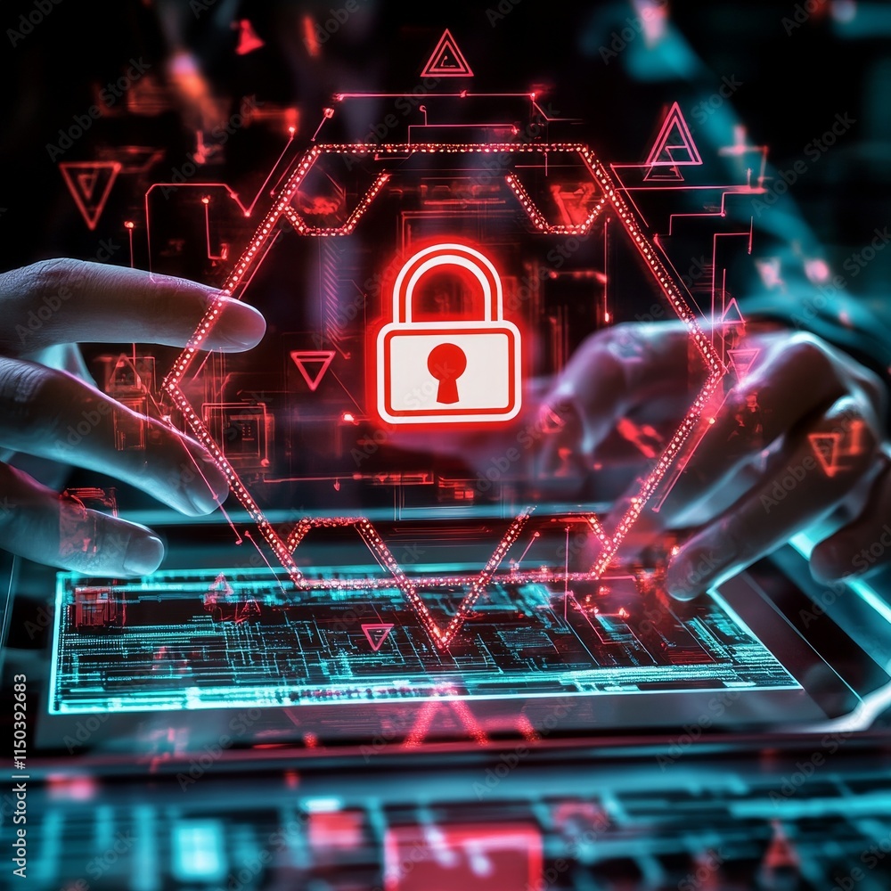 Poster digital security concept with a padlock symbol hovering over a laptop, illustrating cybersecurity me