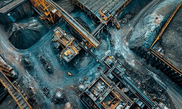 Aerial view of an industrial site with machinery and pathways in a mining environment.