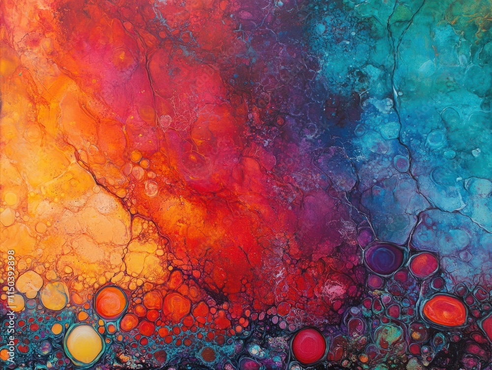 Aufkleber vibrant colorful abstract art with vivid orange, red, blue, and turquoise swirls and circular patter