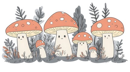 Adorable Cartoon Mushrooms Growing In A Forest Scene