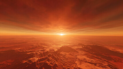 A vast horizon dominated by crimson-red clouds and a faint orange glow breaking through.