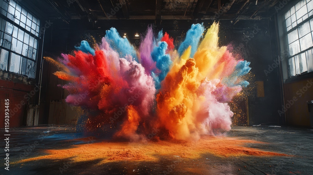 Poster vibrant explosion of colored powders fills an abandoned warehouse, creating a spectacular visual dis