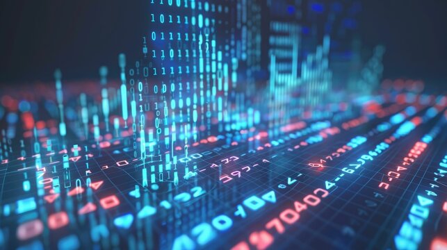 Abstract money growth with digital binary codes forming a rising chart