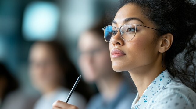 Thoughtful young woman engaging in discussion during workshop session