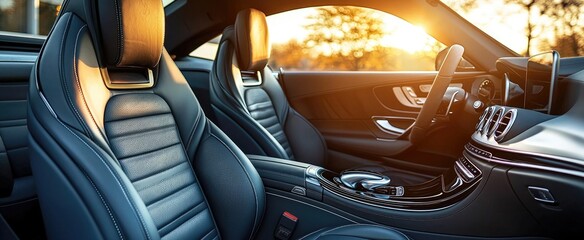 Luxurious interior of modern sports car at sunset with black leather seats