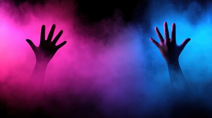 Hands Reaching Through Colorful Smoke in Dark Background
