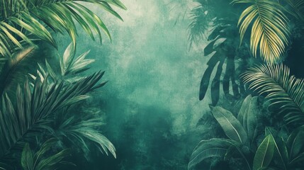 Retro mural photo wallpaper jungle and graceful leaves tropical forest vintage background graphics painting art