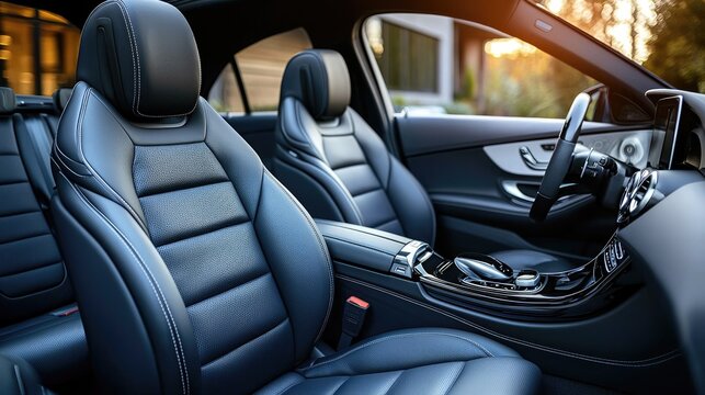 Luxury car interior with leather seats and modern dashboard design in sunlight
