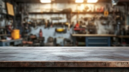 Rustic metal tabletop with blurred workshop background. Perfect for product display, showcasing tools or industrial themes.
