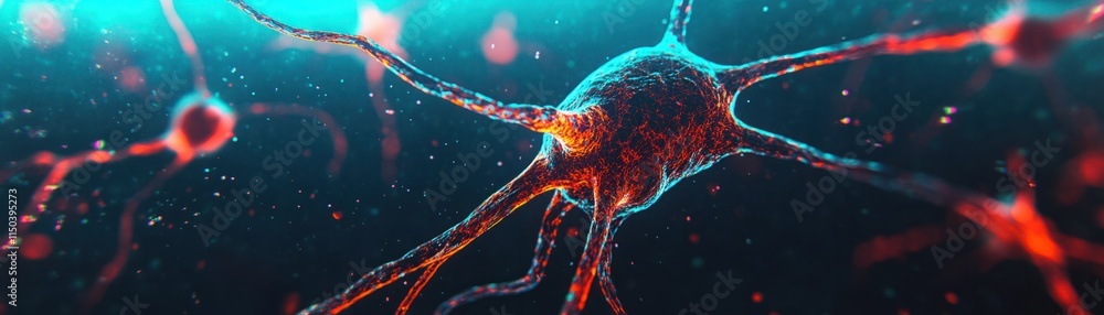 Poster detailed visualization of a neuron cell with complex structure and intricate connections in a colorf