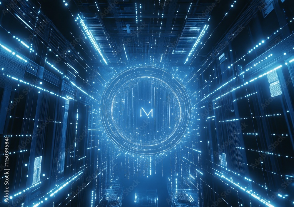Poster futuristic digital tunnel illuminated by bright blue lights with a central circular design, creating