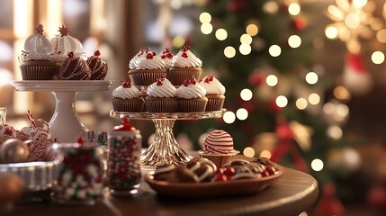 A holiday dessert table with Christmas cupcakes, cookies, and a hot chocolate bar in a cozy setting