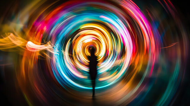 A vortex of colorful light pulling a figure upward into a glowing celestial center.