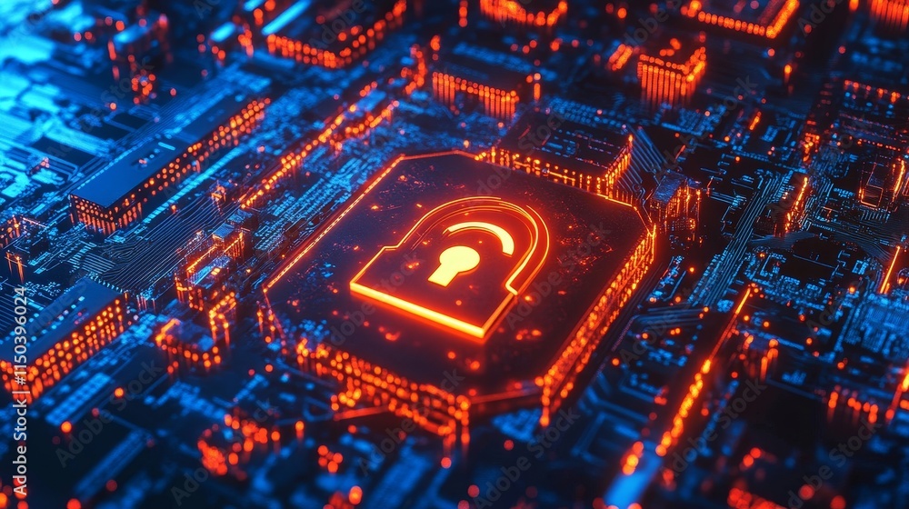 Poster high-tech digital lock symbolizing cybersecurity on a glowing circuit board background with intricat