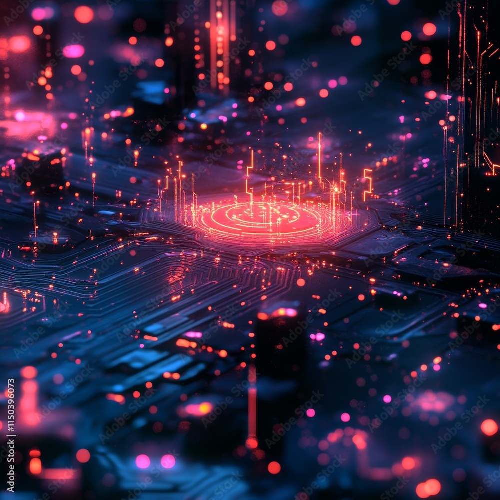 Poster vibrant digital landscape with glowing circuits and data streams showcasing advanced technology in a