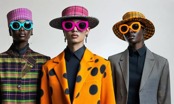 Three models showcase vibrant fashion with bold hats and sunglasses in a stylish pose.