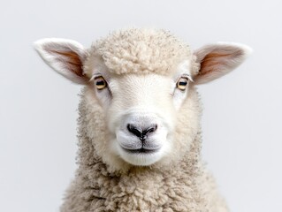 A close-up of a sheep's face against a plain background.