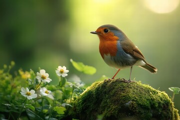 European Robin perched gracefully on a moss-covered stone, surrounded by lush green foliage and delicate wildflowers