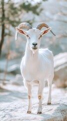 Obraz premium A majestic white goat stands on a rock, surrounded by a natural landscape.
