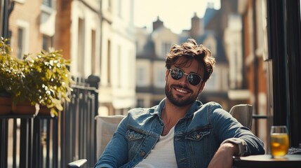 Relaxed man in sunglasses enjoying a sunny day on a balcony with a drink. Happiness and leisure define his moment.