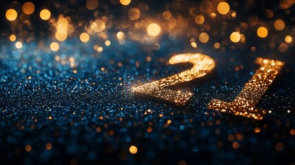 21 made of gold glitter on dark blue background with bokeh.