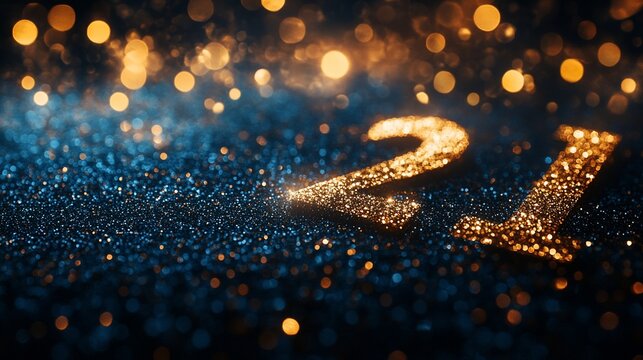 21 made of gold glitter on dark blue background with bokeh.