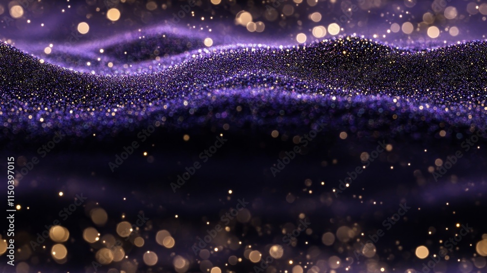 Poster sparkling purple waves with golden bokeh effect creating a dreamy abstract landscape suitable for ba