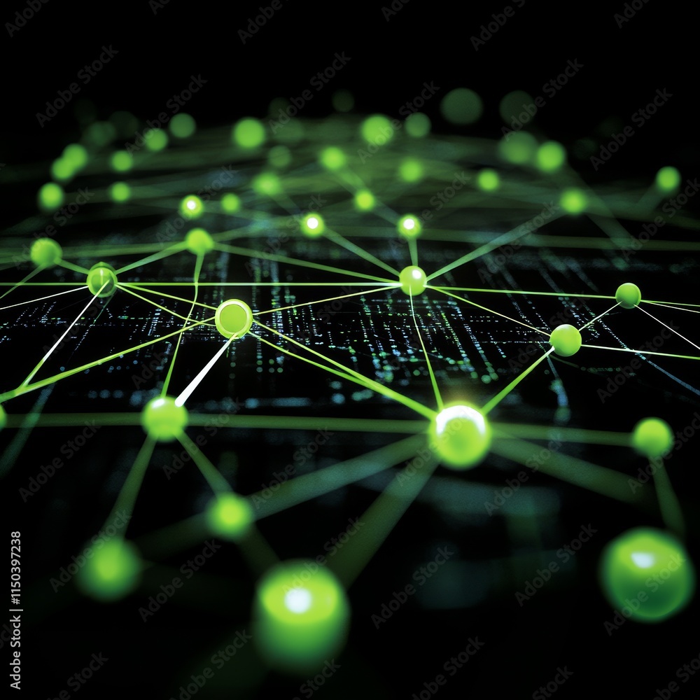 Poster digital network of interconnected nodes and lines creating a vibrant green web against a dark backgr