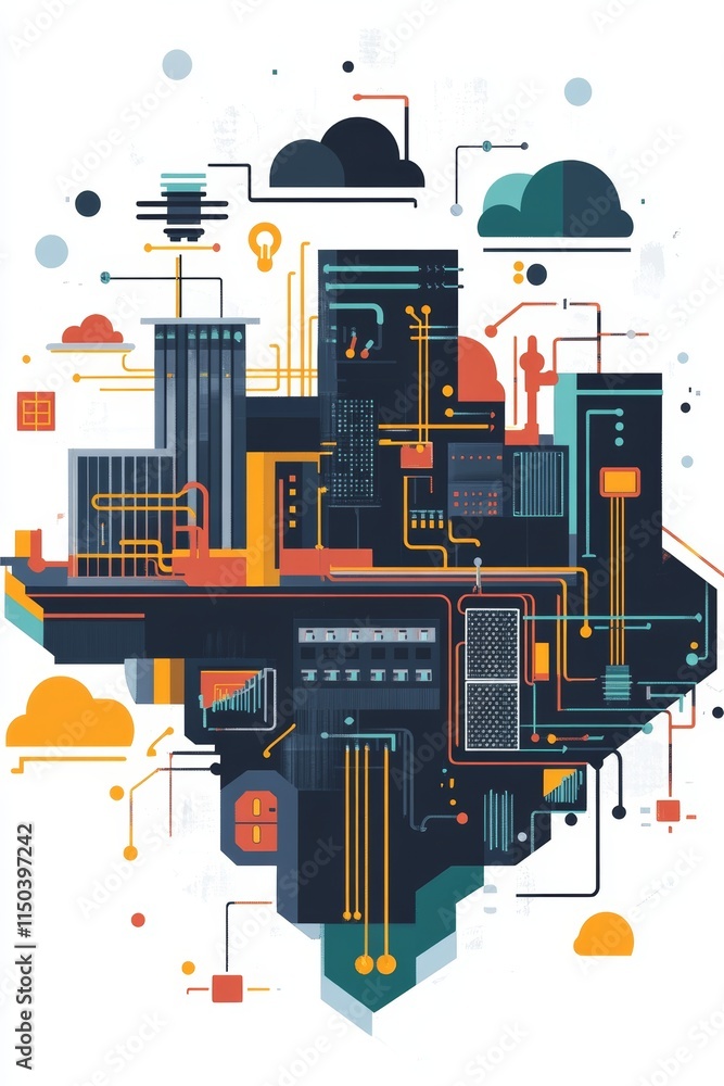 Poster modern cityscape with abstract technology elements merging architecture and digital innovation