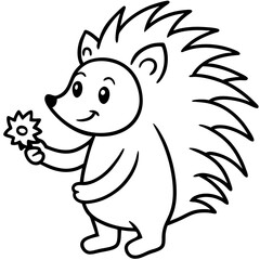 A cheerful porcupine holding a small flower line art illustration