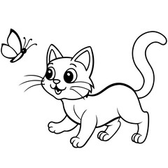 A playful kitten chasing a butterfly line art illustration