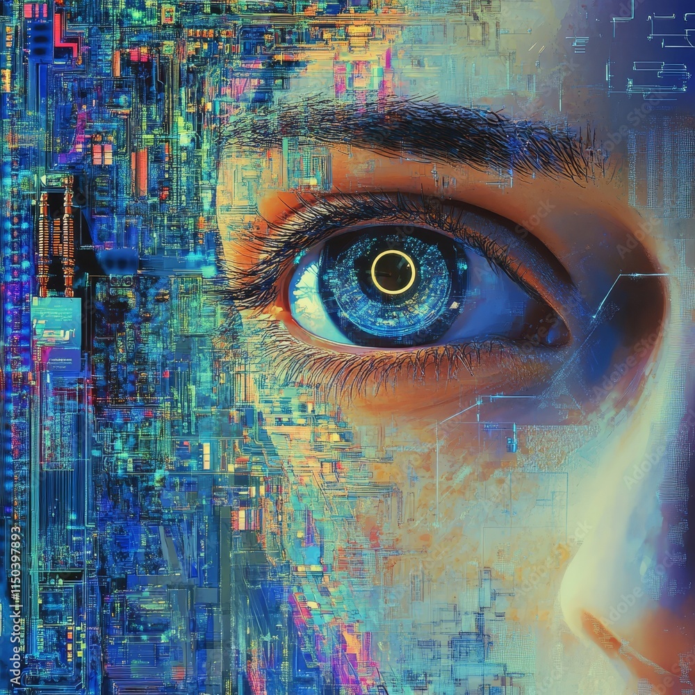 Poster conceptual artistic representation of a human eye integrated with digital technology and circuitry e