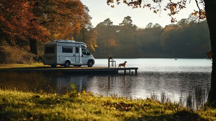 Peaceful camping by the lake with a camper van and a dog enjoying the serene autumn scenery.