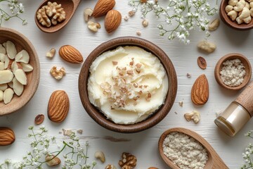 flat lay composition featuring rich, creamy shea butter in a rustic bowl, surrounded by an assortment of nuts
