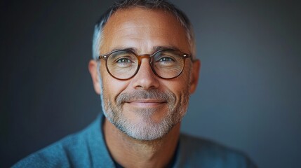 A middle-aged man with glasses exudes confidence and warmth with a genuine smile. His demeanor reflects a friendly and approachable character, ideal for professional or personal settings.