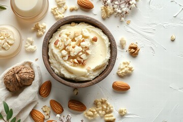 flat lay composition featuring rich, creamy shea butter in a rustic bowl, surrounded by an assortment of nuts