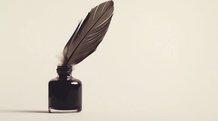 Brown Feather Quill in Glossy Black Ink Bottle