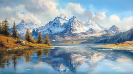 Fototapeta premium A scenic panorama of a snow-capped mountain peak reflected in the tranquil waters of a glacial lake, with a backdrop of dramatic clouds