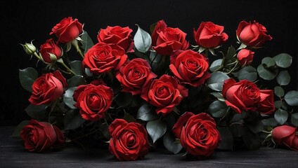 Obraz premium Romantic Red Roses on Black Surface