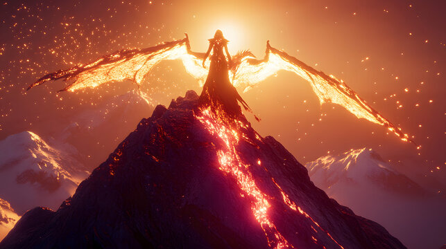 Ladesha a dragon queen standing atop a glowing mountain peak as her luminous dragon companion encircles her.