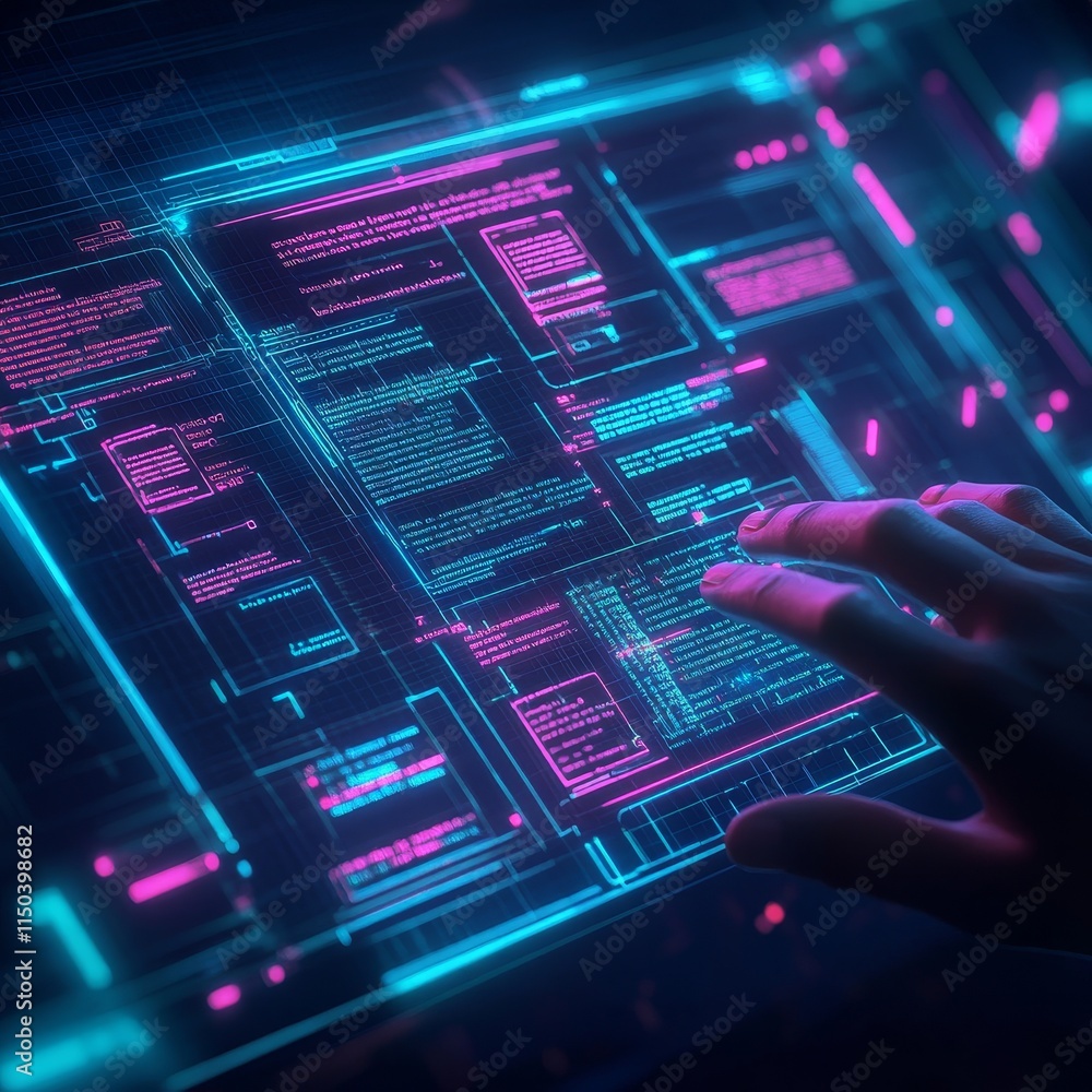 Poster futuristic digital interface with glowing data displays and a hand interacting in a dark environment