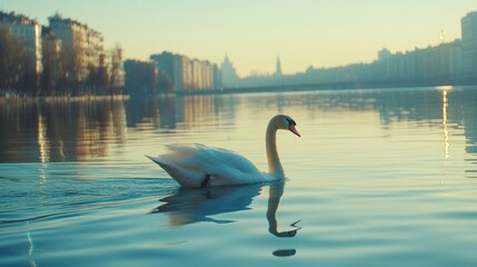Fototapeta premium A serene swan glides across a calm lake, reflecting the peaceful surroundings.