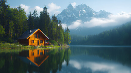 Fototapeta premium Enjoy a peaceful retreat in a cozy cabin by the lake, surrounded by majestic mountains and lush trees, perfect for unwinding and connecting with nature